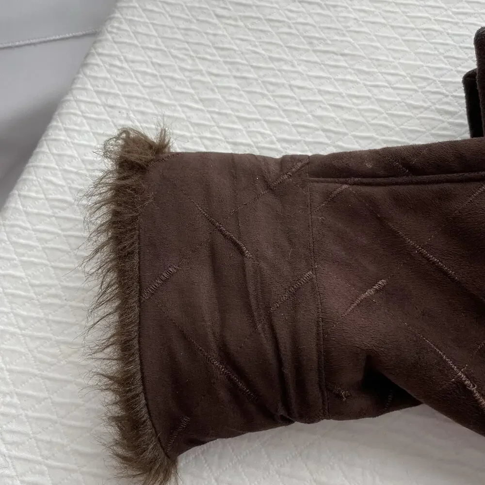 Y2K Faux Suede Fur Trim Hooded Coat Zip Up Women’s Medium 2000s VTG Brown Jacket - Picture 16 of 16